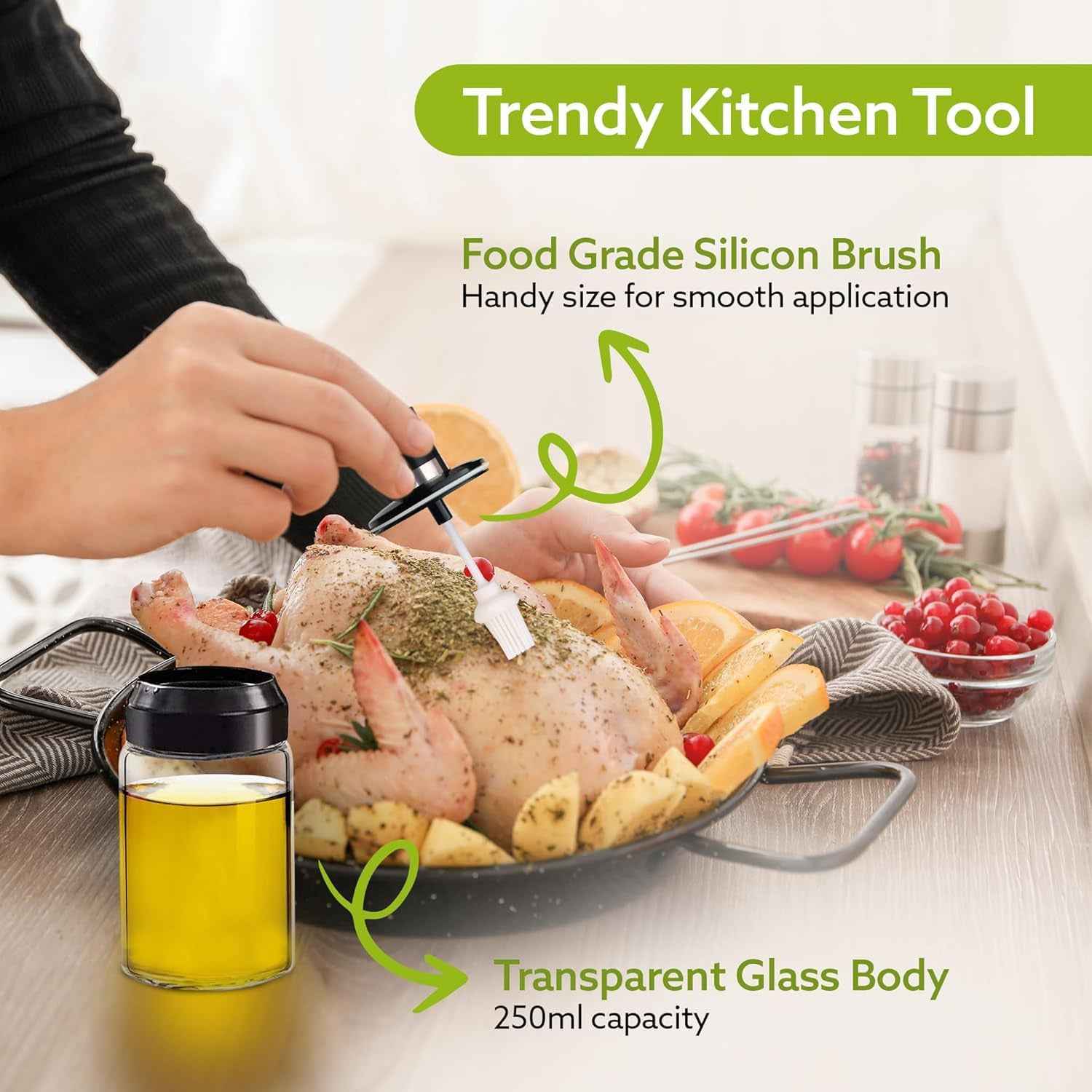 Clear Glass Oil Dispenser Bottle With Integrated Silicone Basting Brush (250ml Approx)