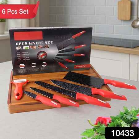 Kitchen Knife Set With Marble-coated Blades  Red Handles (6 Pc)