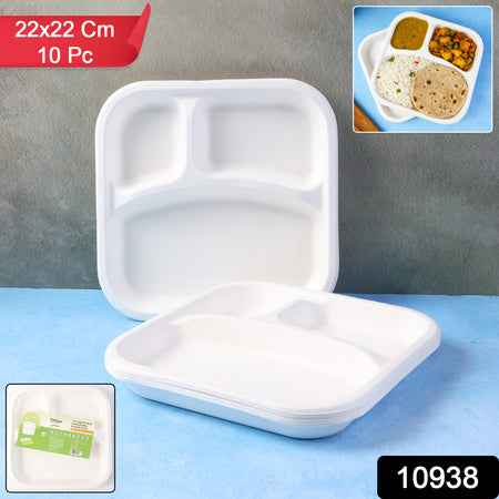 Compostable Bagasse 3-compartment Square Meal Plate
