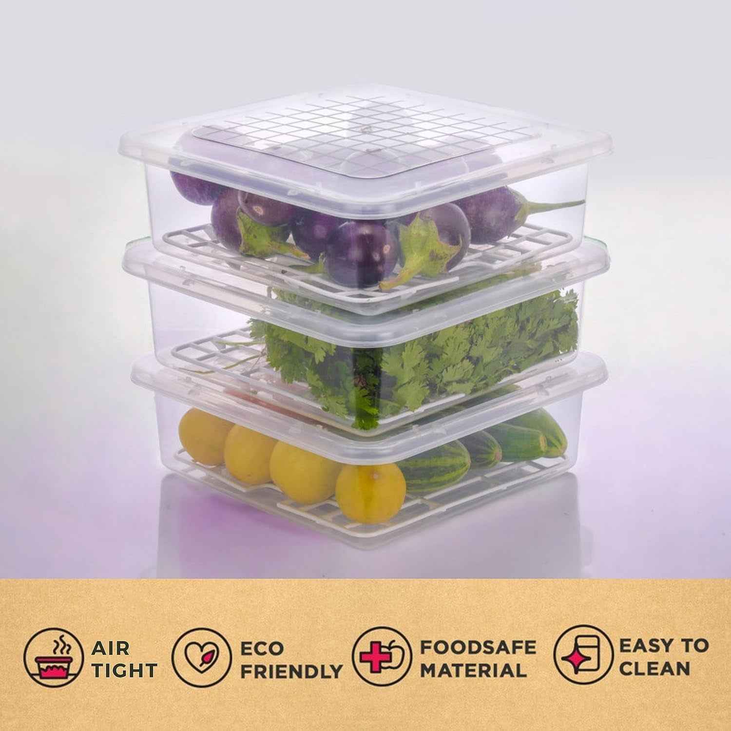 Plastic Food Storage Containers With Removable Drain Tray And Lid (3 Pcs Set)
