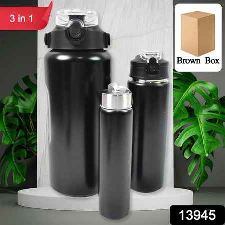3 In 1 Stainless Steel Insulated Water Bottle Double Wall Vacuum (3 Pcs Set  Different Size)