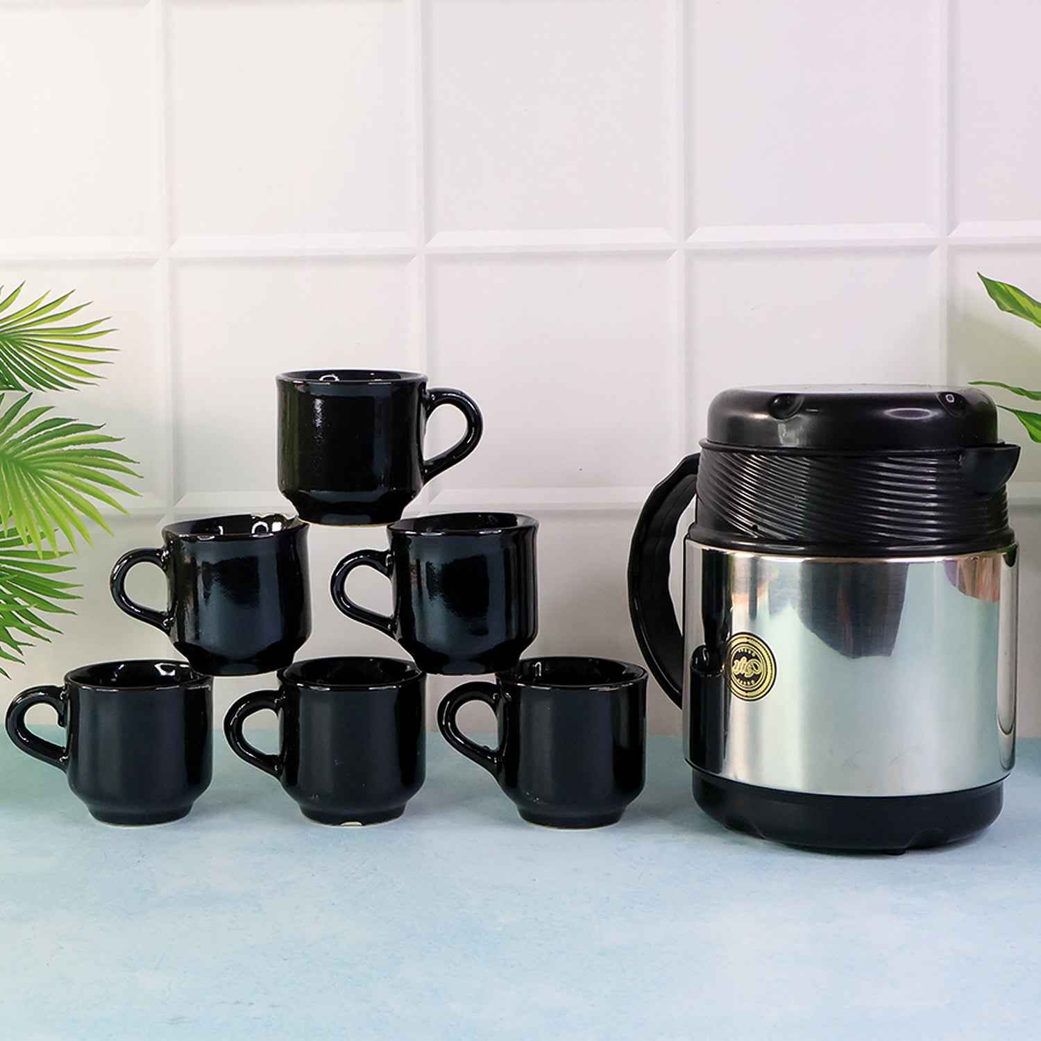 Tea And Coffee Thermos Flask And 6 Ceramic Cups (1 Set)